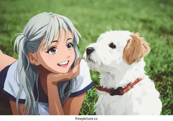 Smiling Girl and Dog in Grass Illustration