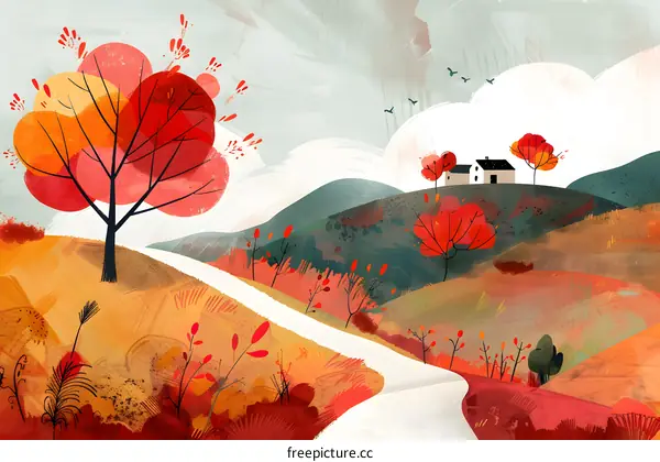 Autumn Landscape with Red Trees, House, and Winding Path