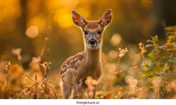 A cute deer fawn standing in a field of tall grass and wildflowers