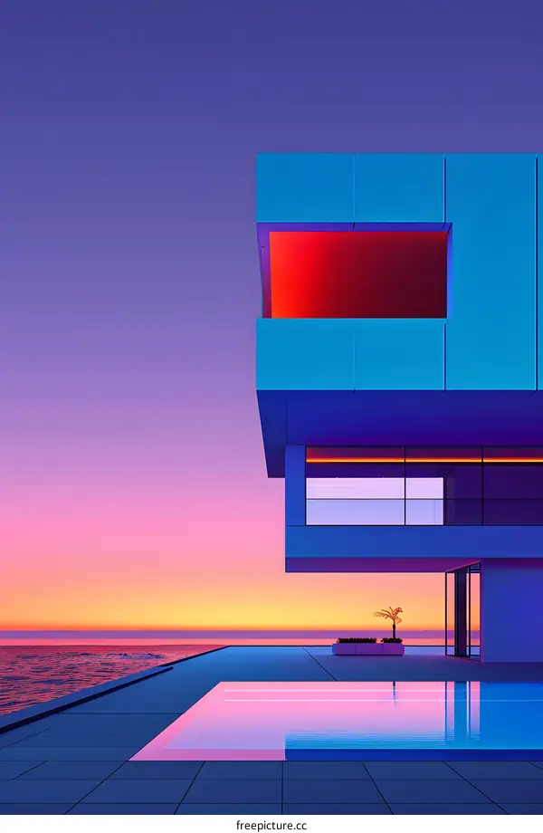 Modern Architecture Home With Pool and Sunset