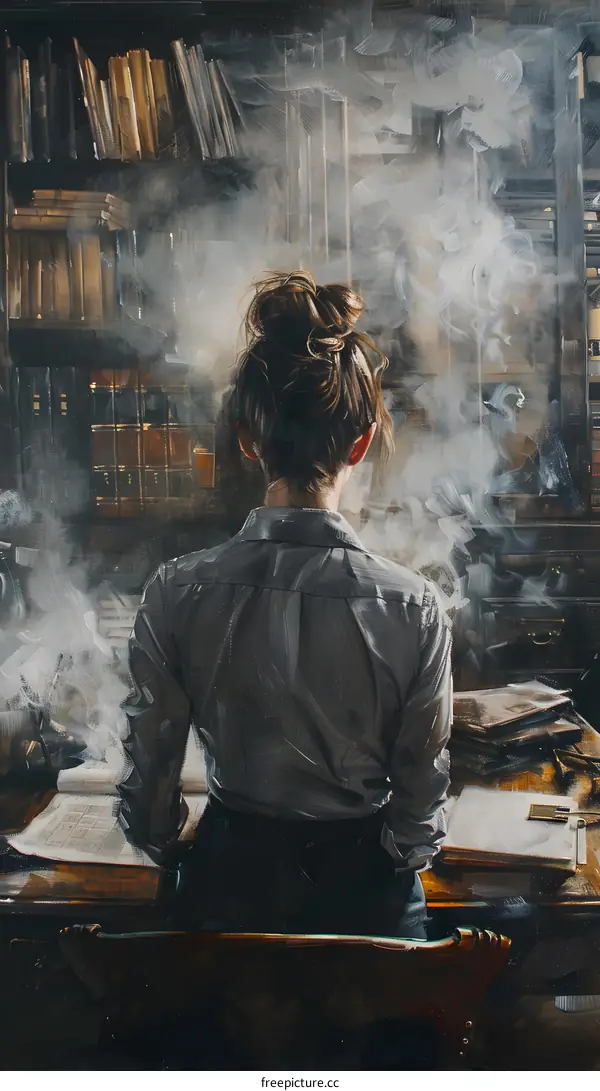 Woman Sitting In A Smoky Room With Books