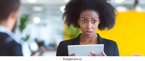 Surprised African American Businesswoman Looking At Tablet In Office