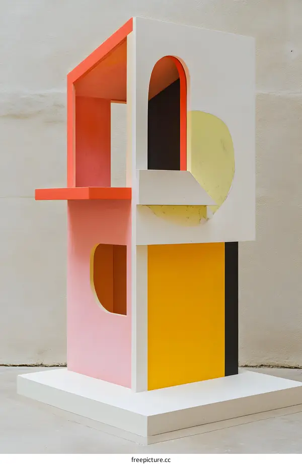 Colorful Abstract Wooden Sculpture with Geometric Shapes and Cutouts