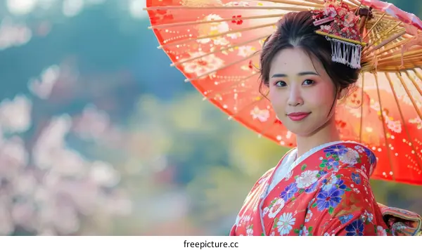 Portrait of a Japanese woman wearing a kimono and holding a red umbrella