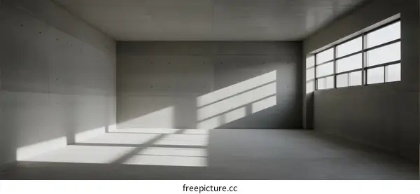 An empty concrete room with large windows letting in natural light