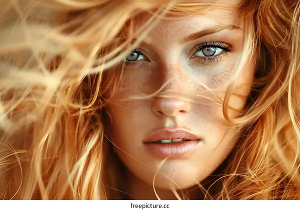 portrait of a beautiful woman with freckles and green eyes