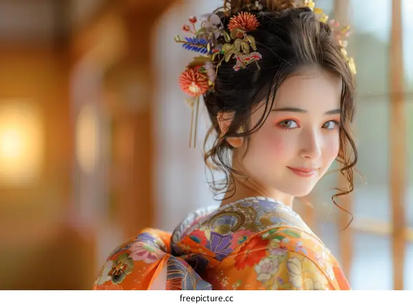 Portrait of a beautiful Japanese woman wearing a kimono