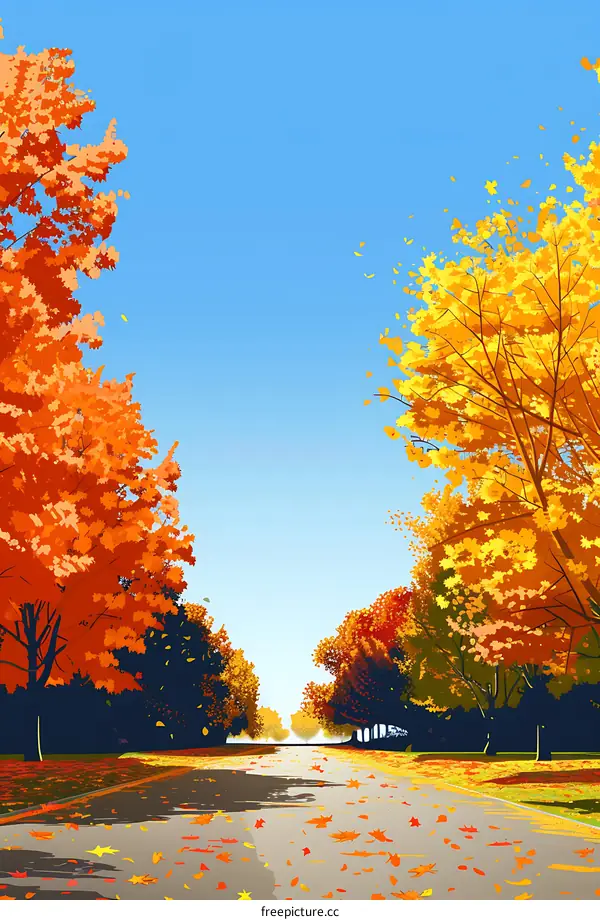 Autumn Road with Yellow and Orange Leaves