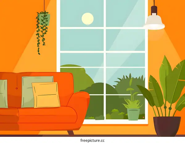 Living Room Interior Design with Orange Walls and Sofa