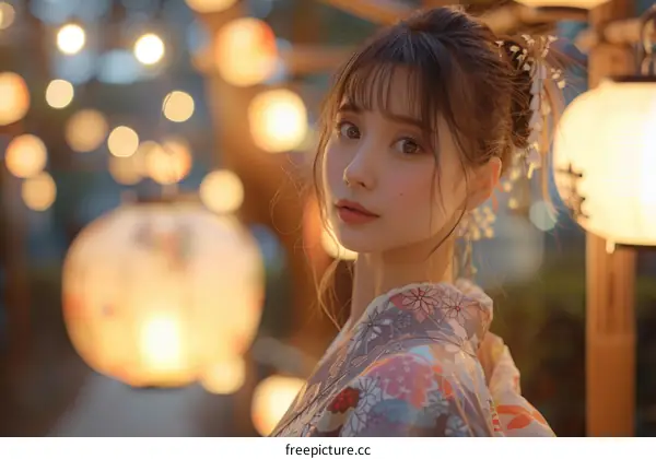 Asian Woman in Kimono at Night Market