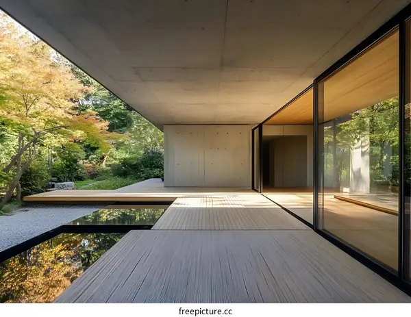 Modern Concrete House with Patio and Pond in the Backyard