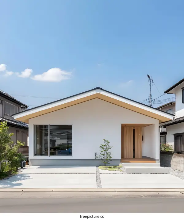 Modern White House with Wooden Door and Stone Driveway in Japan
