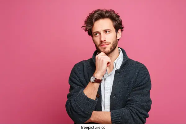 Thoughtful Caucasian Man Posing Against a Pink Background