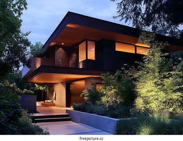 Modern House with Wooden Accents and Lush Greenery