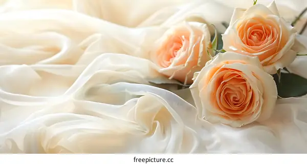 Close Up of Peach Colored Roses on White Fabric