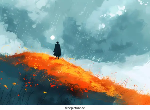 Silhouette of a Person Standing on a Hilltop Under a Rainy Sky