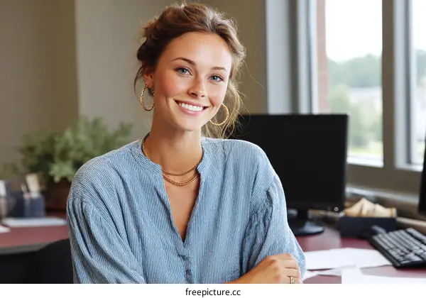 Smiling Caucasian Woman in a Light Blue Blouse