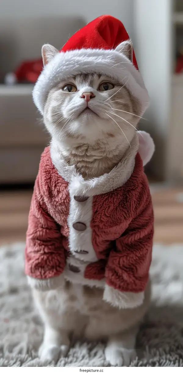 A cute cat wearing a Santa hat and coat