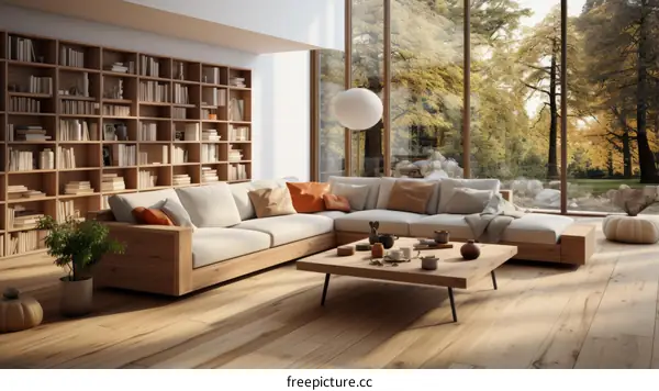 A modern living room with a large bookshelf and a view of the forest