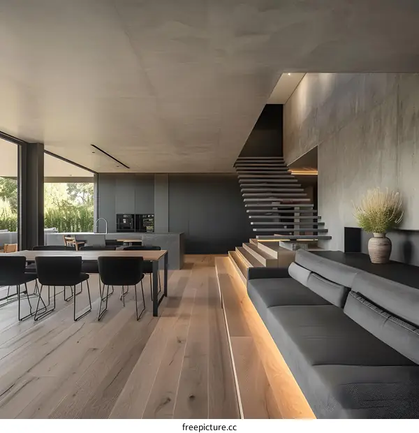 Modern Minimalist Open Concept House Interior With Concrete Walls And Wooden Floors