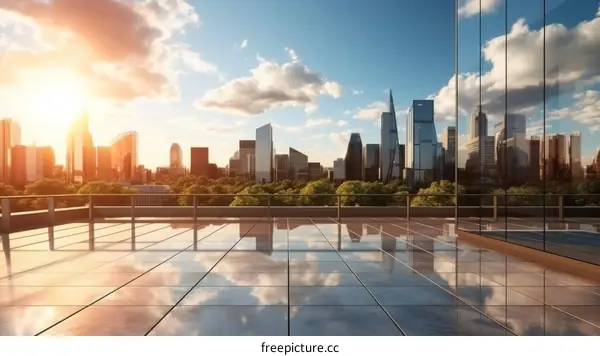 Cityscape with reflective rooftop
