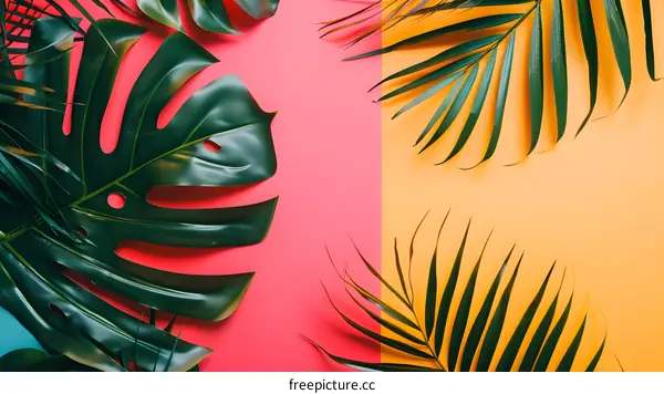Tropical Palm Leaves on a Pink and Yellow Background