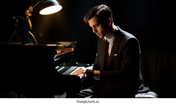 Young man playing piano in the dark