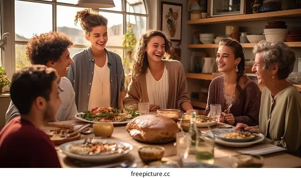 A multigenerational family is sitting around a table and laughing.
