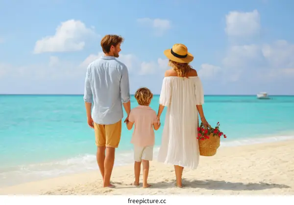 Family of three enjoying a beach vacation