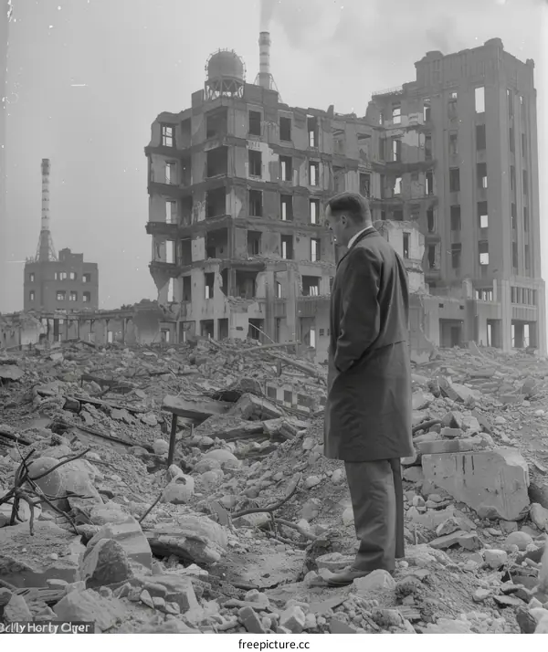 A man stands in the rubble of a destroyed city