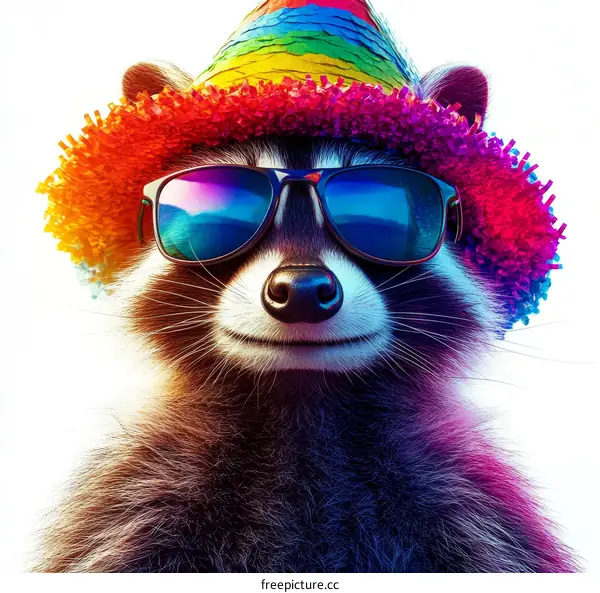 Cool Raccoon in a Party Hat and Sunglasses