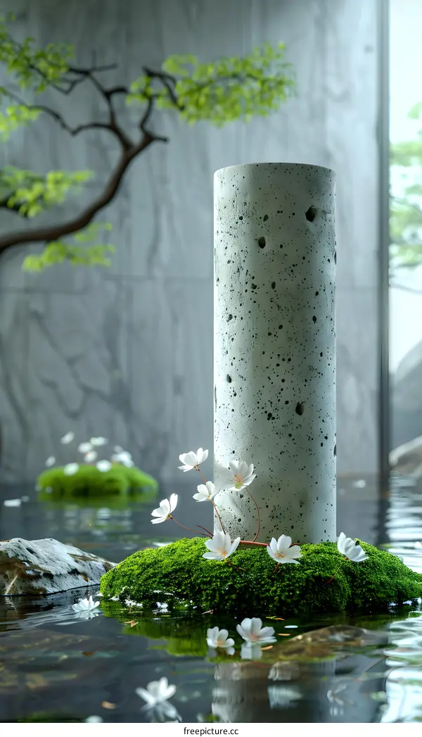 Gray concrete cylinder on a bed of moss in a reflecting pool with white flowers