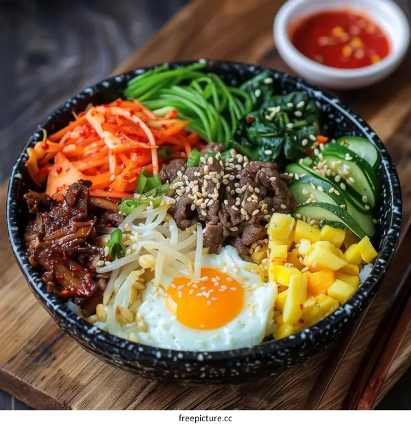 Delicious Korean Bibimbap: A Dish of Rice, Beef, Egg, and Vegetables