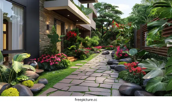 Cobbled Path Winding Through a Lush Garden Landscape