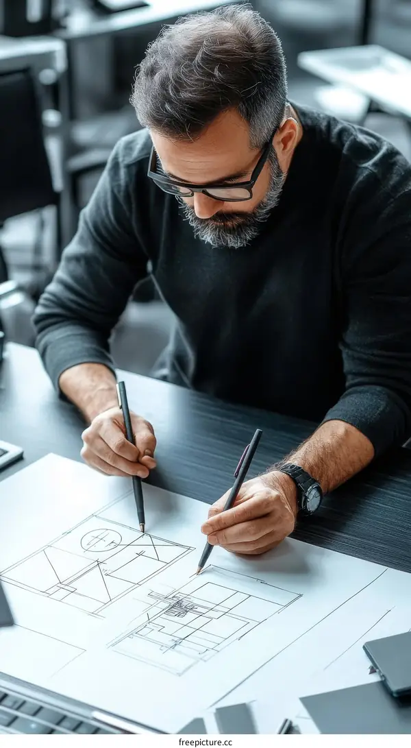 Architect Working on Floor Plans in Office
