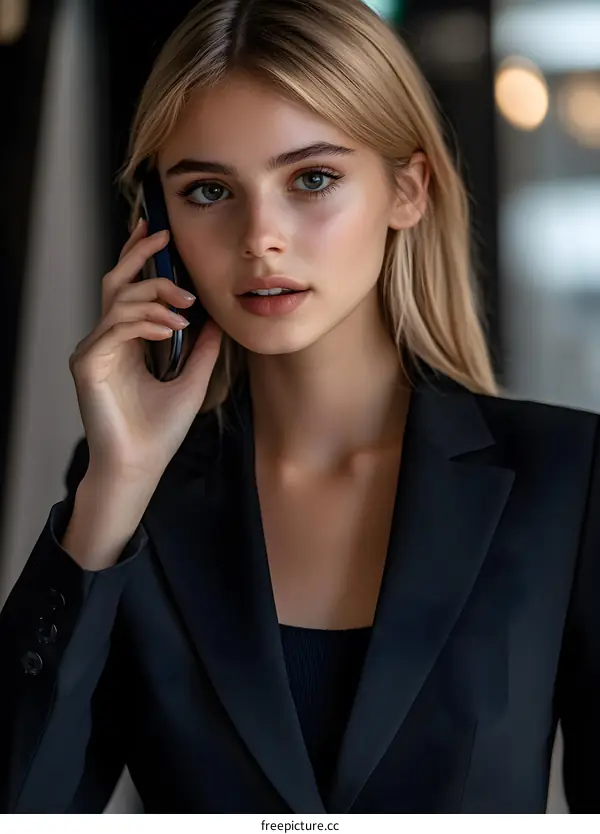 Woman In Black Blazer Holding Phone