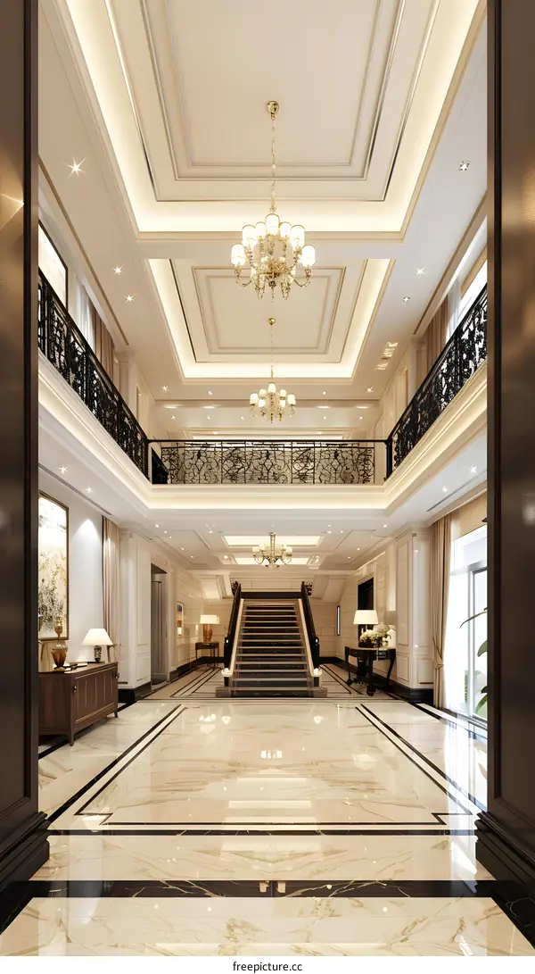 Modern Interior Design with Elegant Chandeliers and Marble Flooring