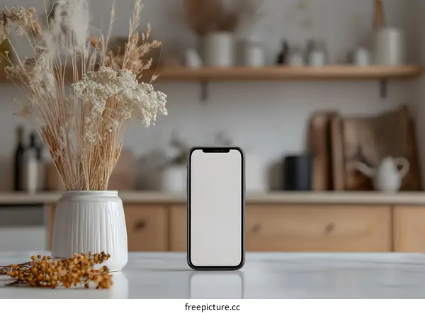 Minimalist White Table with Phone and Dried Flowers