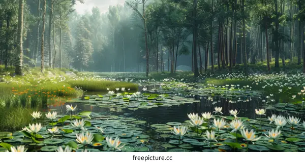 Misty Forest Lake with White Water Lilies