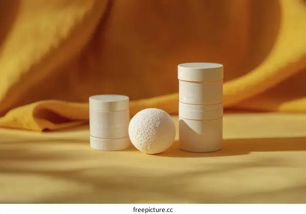 White Cosmetic Containers on Yellow Background