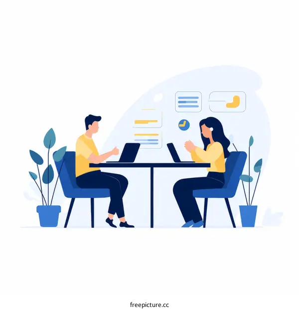 Two People Sitting at a Table Discussing