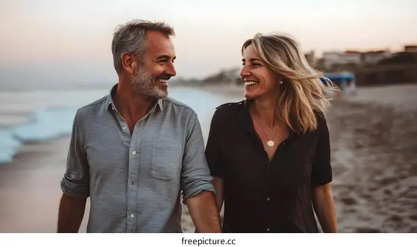 Happy Couple Walking on Beach at Sunset