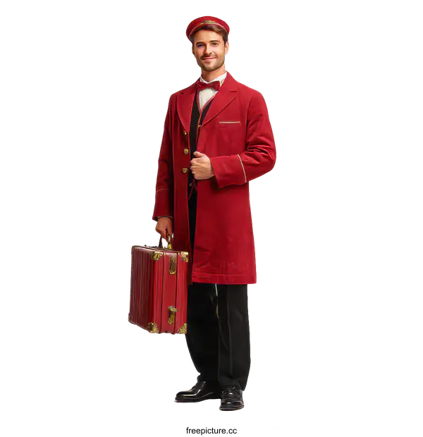 [Transparent Background PNG]Hotel Porter in Classic Red Uniform with Suitcase