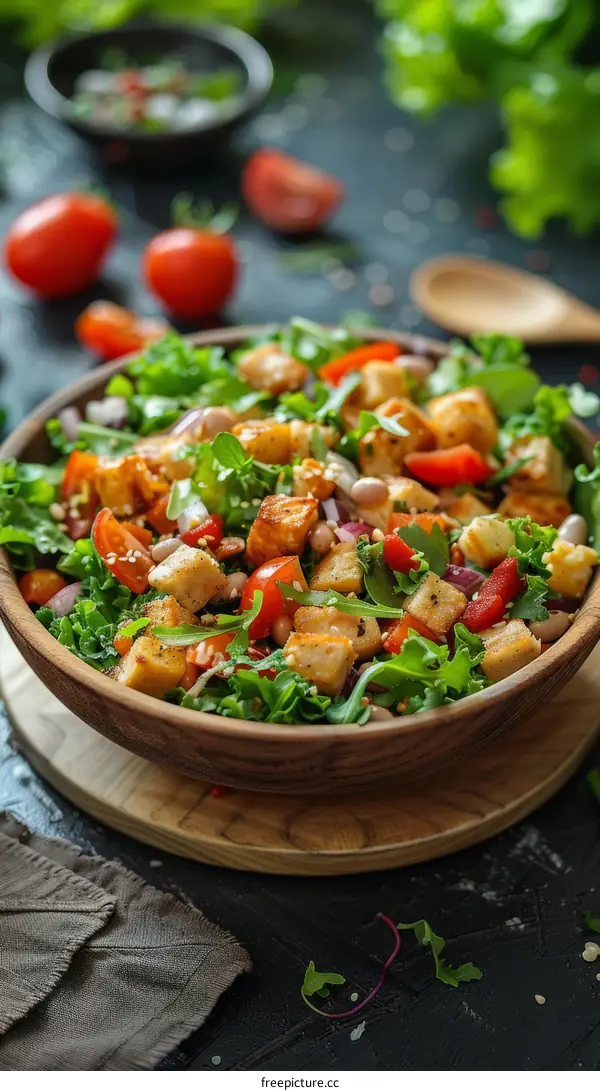 Salad bowl with grilled halloumi cheese, vegetables and herbs