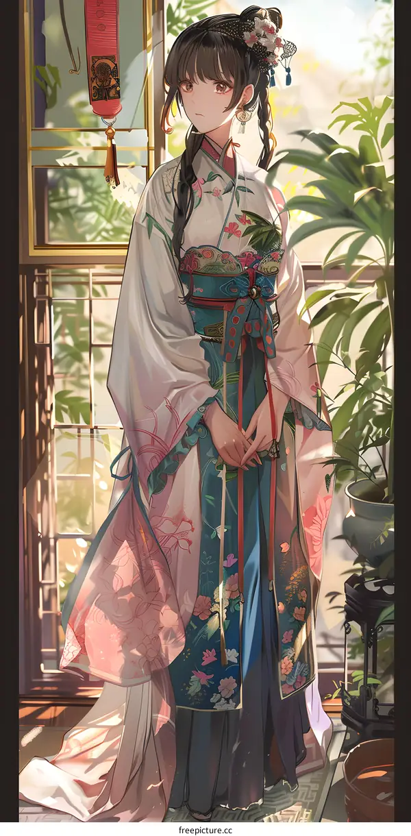 Anime Girl Wearing Traditional Japanese Kimono in a Room with Plants