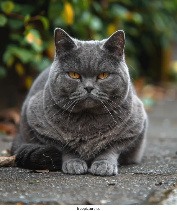 Gray British Shorthair Cat Looks at Camera on Grass