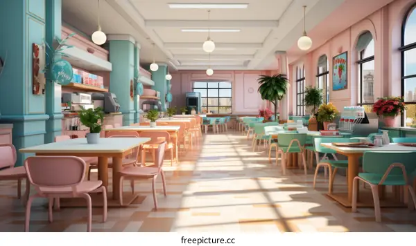 Retro pastel-colored cafeteria with pink and blue walls and furniture