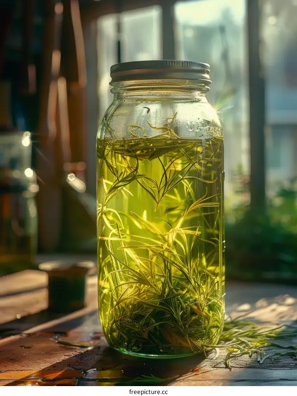 Close-up of a jar of rosemary and olive oil infusion