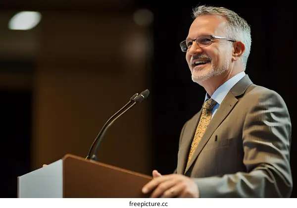 Smiling Businessman Speaking at a Conference