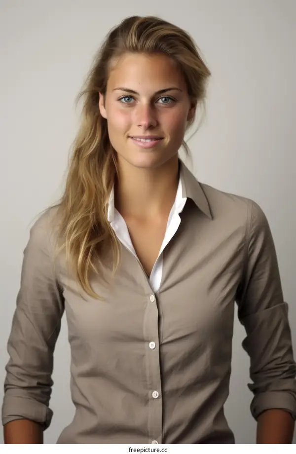 portrait of a young blonde woman in a brown shirt